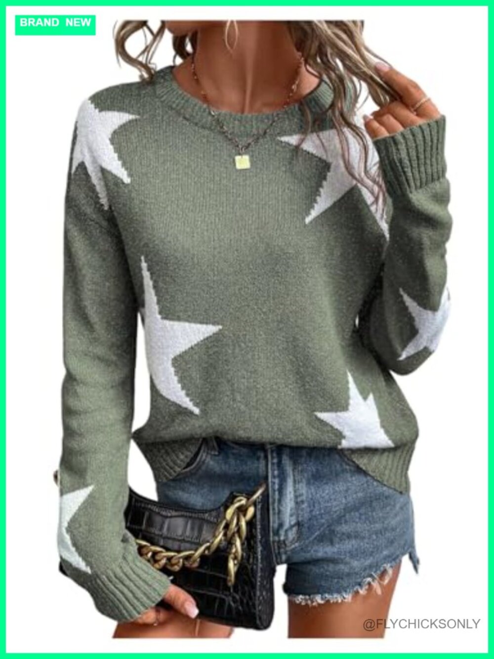 Women's Star Pattern Crew Neck Drop Shoulder Casual Sweater Pullover